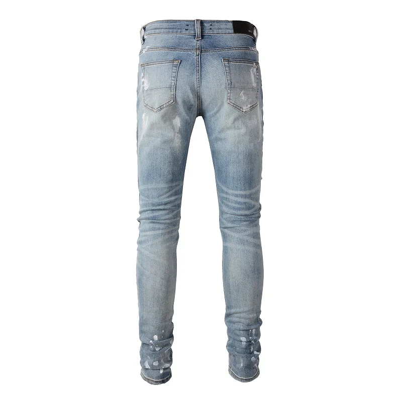 New Arrival Men's Painted Slim Fit Stretch Destroyed Jeans Distressed Light Blue Skinny Ripped Streetwear Damaged Rhinestones