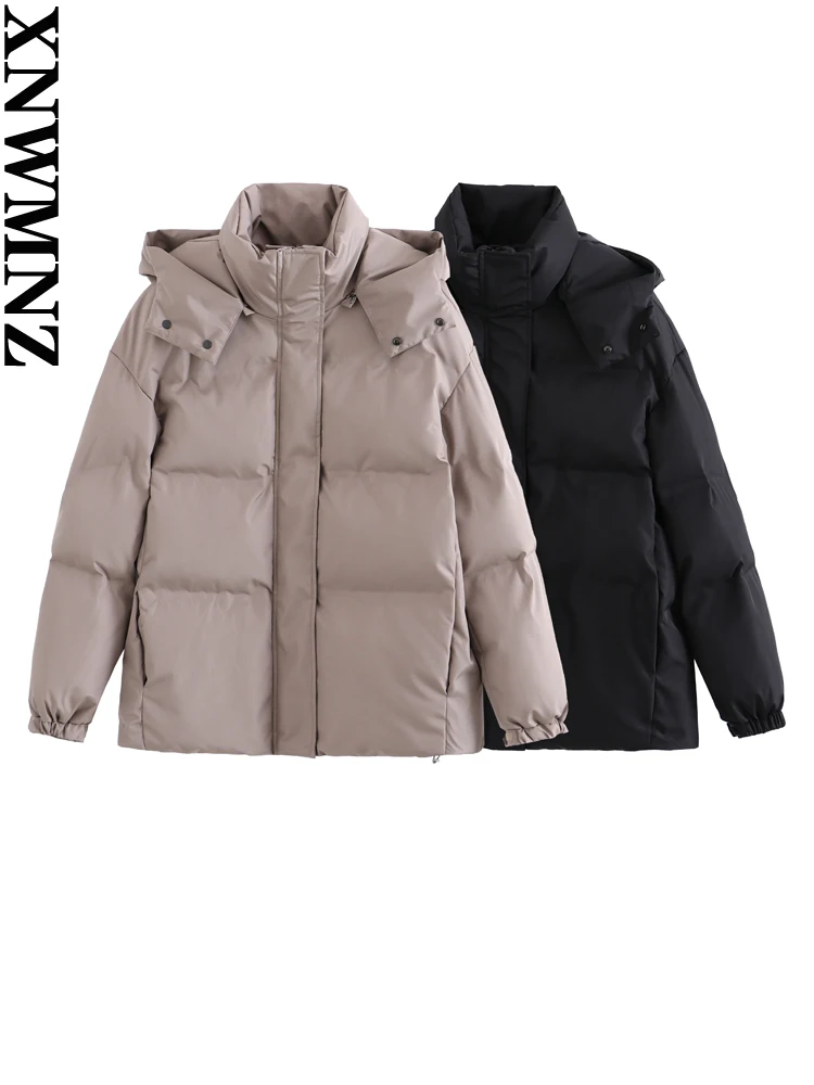 XNWMNZ 2023 Women Fashion Thicke Thermal Waterproof Quilted Padded Jacket Detachable Hat Zipper Drawstring Hem Female Outerwear