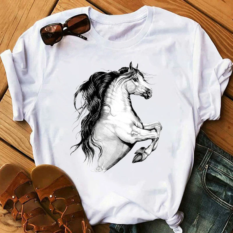 

Horse Head Print Women T Shirt Aesthetic Art Short Sleeve Clothing Female T-Shirt Harajuku Graphic Clothing Women's Top