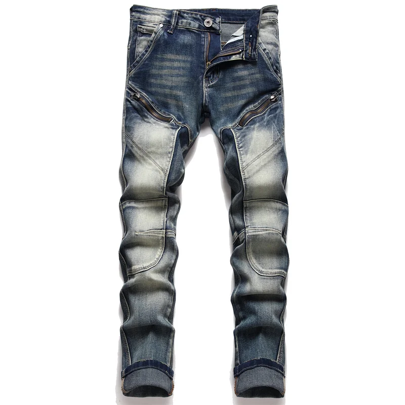 

Pactchwork Trousers For Men Jeans Streetwear Denim Pants Trend Brand Casual Solid Biker Simple Design Man Motorcycle Jean Male