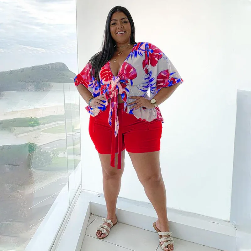 

Summer Plus Size Matching Sets Conjuntos Cortos Short Set Sexy V Neck Print Casual New In Ensembles Assortis Grande Taille Kurze