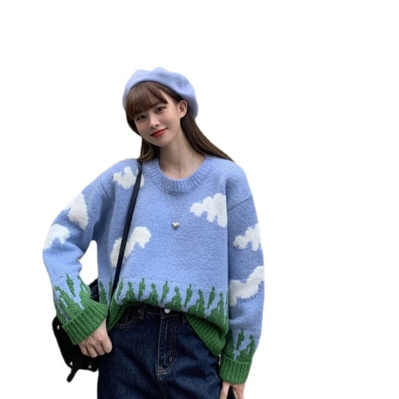 

2022 Winter New Gentle Wind and White Clouds Oil Painting Sweater Women's Loose and Thin, Fresh and Sweet Pullover Sweater