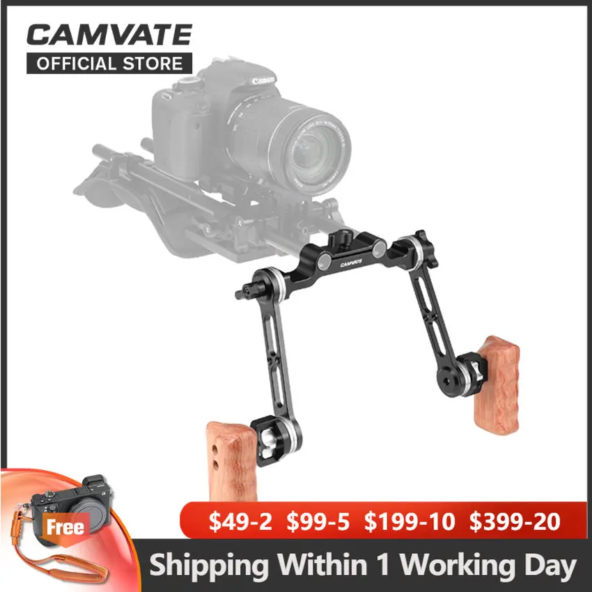 

CAMVATE Dual Wooden Handgrip With Rosette Extension Arm & 15mm Clamp Railblock For DSLR Camera Shoulder Mount Rig Support System