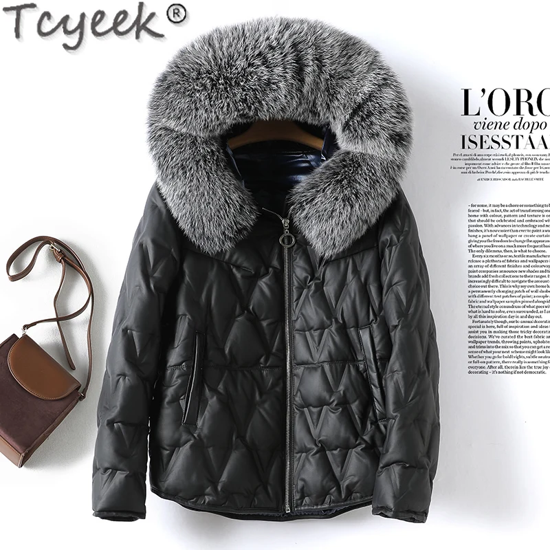 

Tcyeek Winter Hooded Genuine Sheepskin Leather Jacket Women 2021 Real Fox Fur Collar Down Coats Female Casaco Feminino Gxy1250