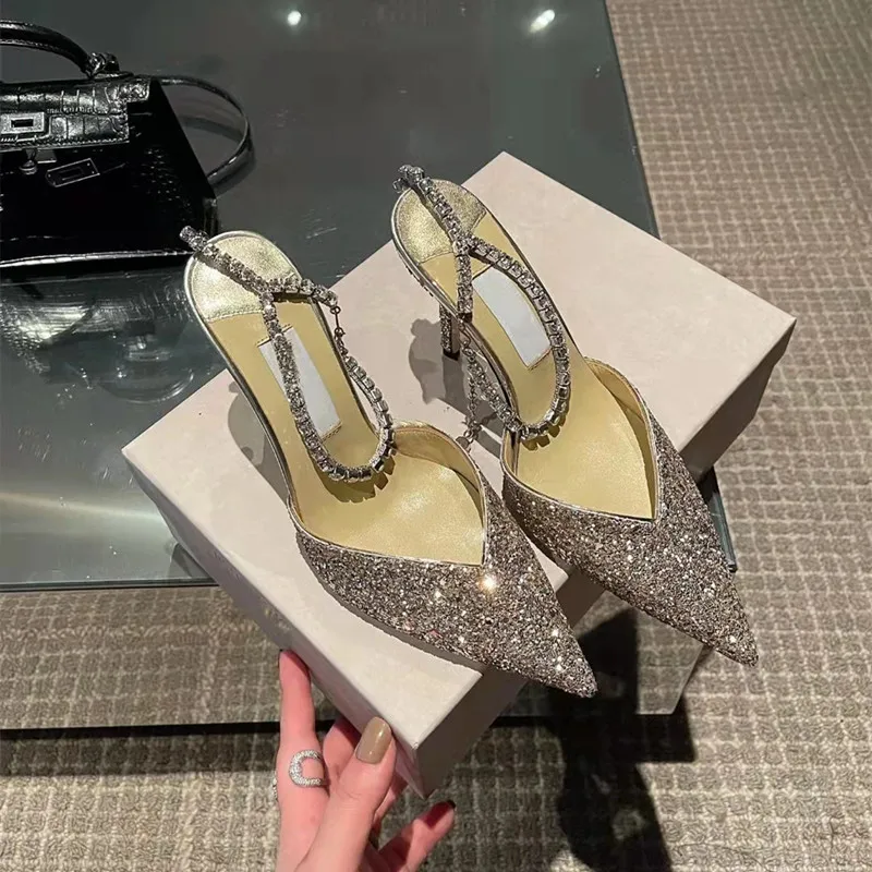 

2022 High Heels Stiletto Heels Elegant Sexy Nude Chain Bright Crystal Ankle Buckle Female Summer Sandals Women Shoes