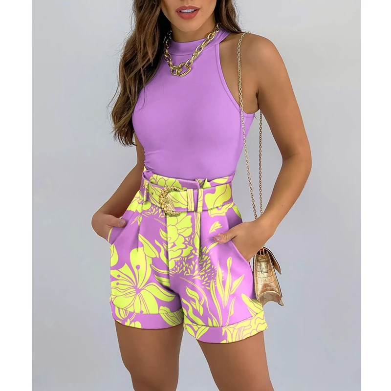 

Women's Slim Printed 2-Piece Suit Women's Sleeveless Round Neck Pullover Vest Top High Waist Straight Pocket Shorts Suit