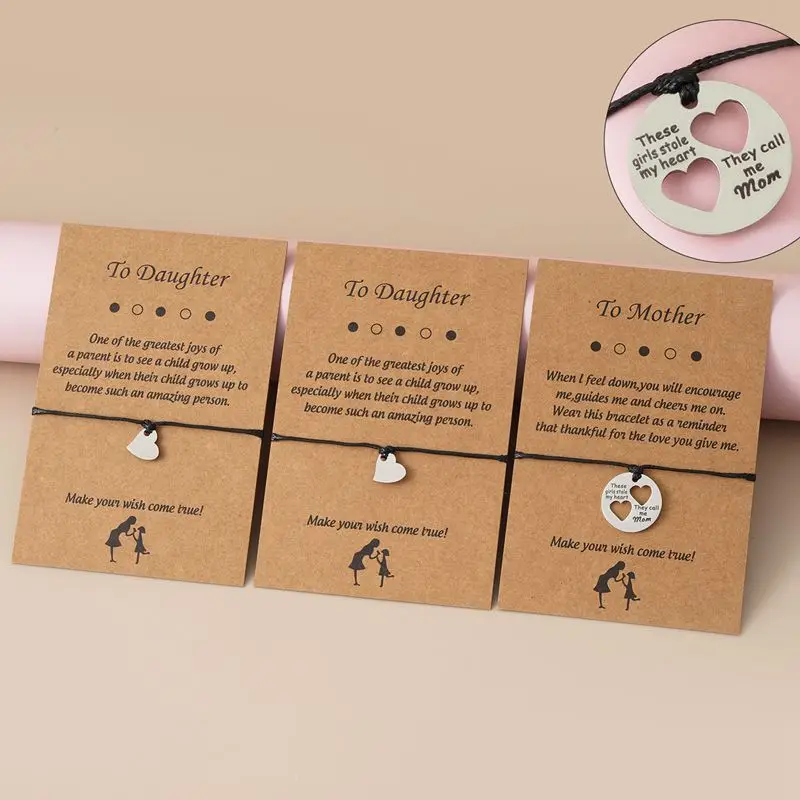 

TULX 3pcs Stainless Steel Love Heart Lucky Bracelet For Mom Handmade Black Rope Bracelet Adjustable Mother's Day Jewelry