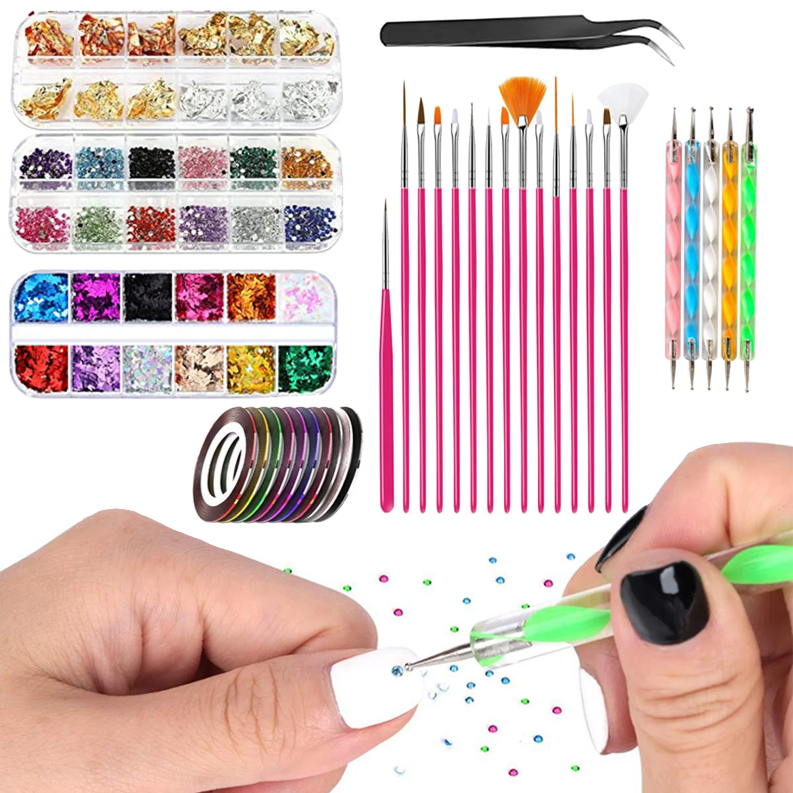 

Nail Design Kit Nail Art Kits Nail Kit With Nail Dotting Tool Nail Painting Brushes Nail Foil Color Rhinestones For Nail