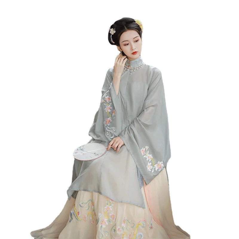 

Женское платье Hanfu в оригинальном китайском стиле, весеннее платье с воротником-стойкой в стиле сказочной династии, полный комплект, традиц...