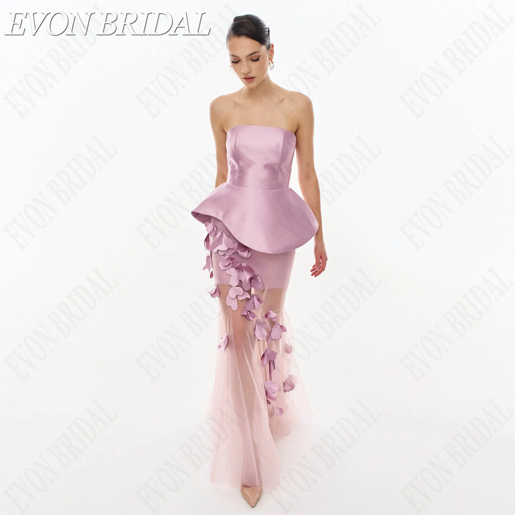 Фото EVON BRIDAL Без Бретелей Атлас Съемная Тюлевая Шлейф Прямое Платье С Молнией Сзади На Заказ Из Гладкого Блестящего Атласа 2026 Женское Вечернее Платье Для Клубов Свадеб Балов И Официальных Мероприятий №2