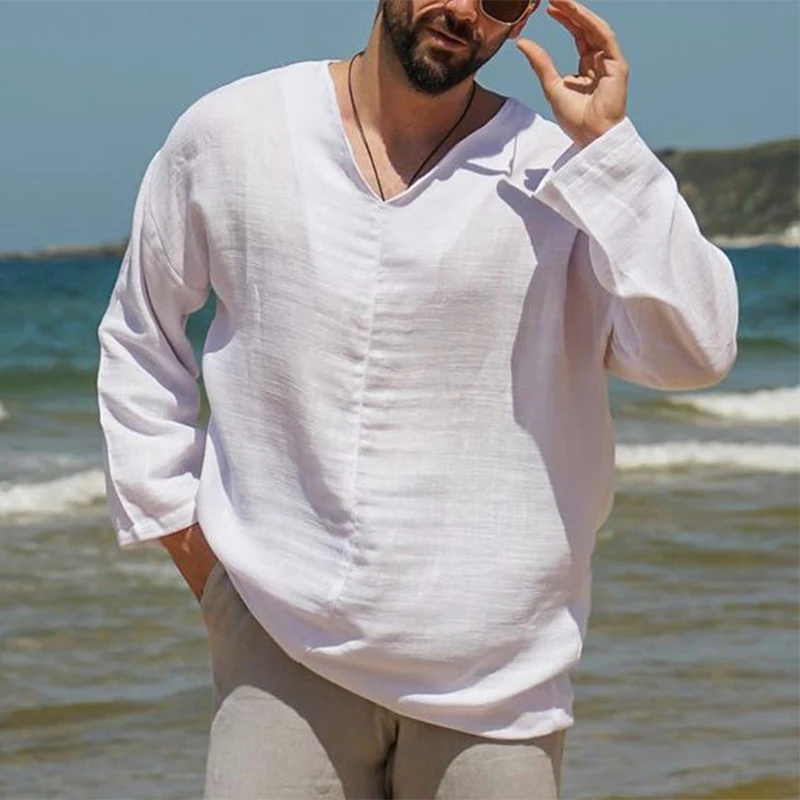 

Свободные хлопковые и льняные топы для отдыха, однотонная мужская Винтажная футболка в пляжном стиле с V-образным вырезом, Повседневный пуловер на весну и лето, футболка с длинным рукавом