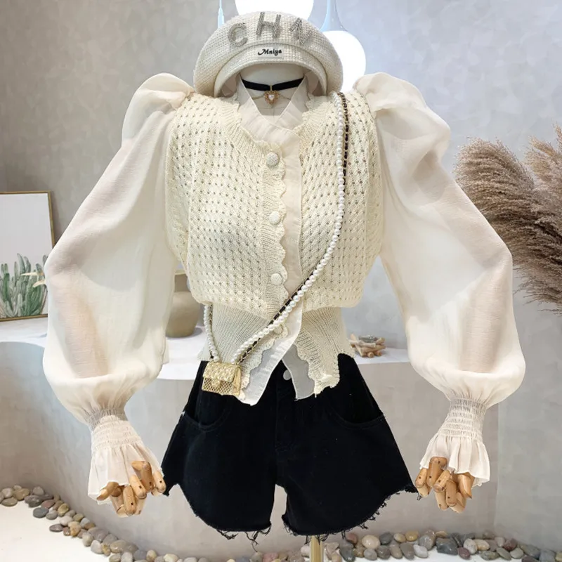 

New Women's Clothing 2022 Spring Puff sleeve backless Chiffon stitching short knitted sweater cardigan Tops feminine blusas
