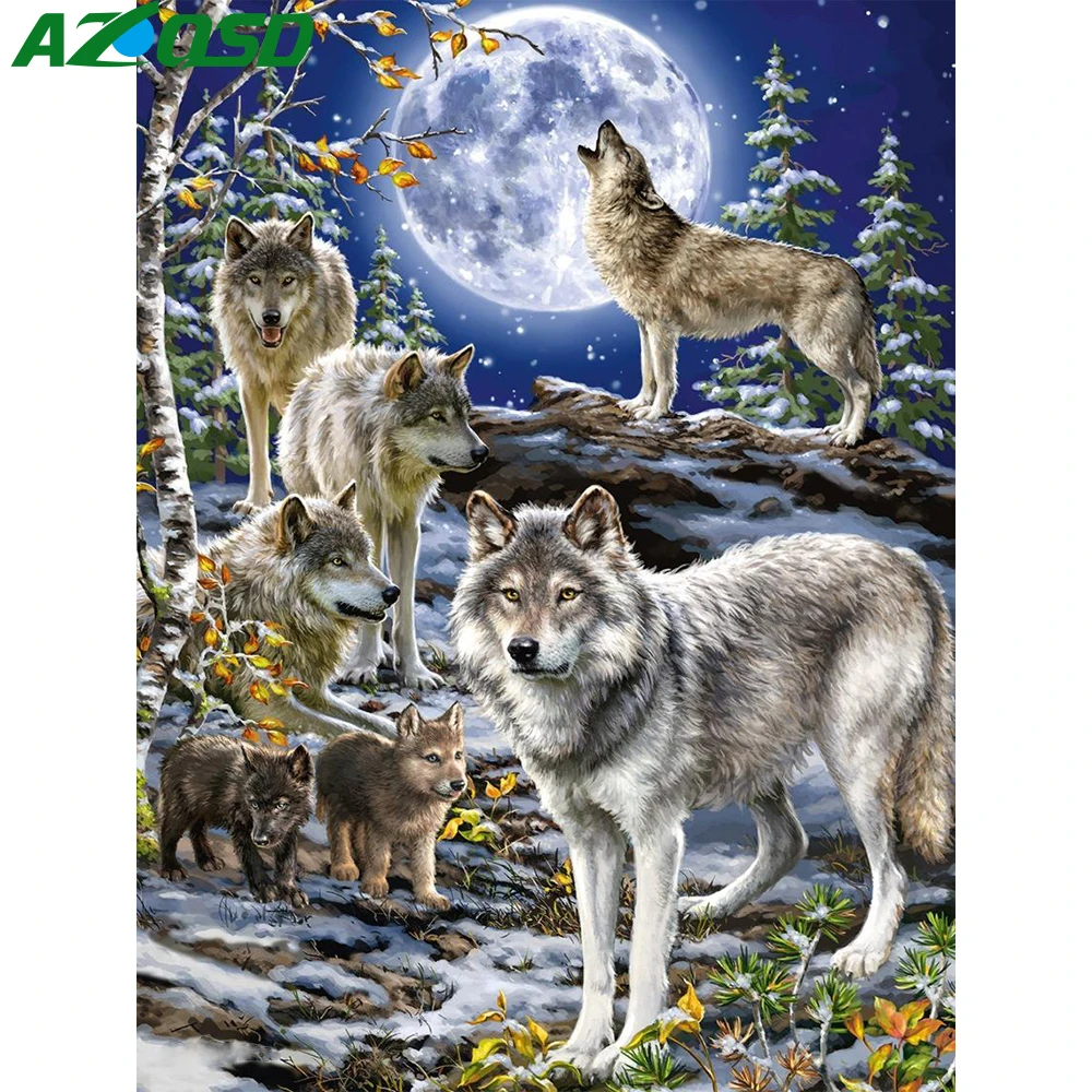 

AZQSD Diamond Embroidery Wolf Winter Rhinestone Of Picture Diamond Mosaic Animal Cross Stitch Painting Moon Handicraft Hobby