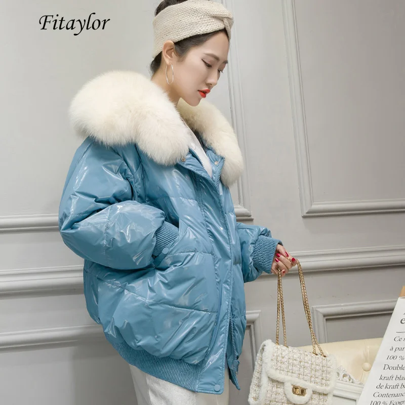 

Winter 90% White Duck Down Parka Warm Large Real Fox Fur Collar Loose Breadwear Female Bright Side Streetwear Outwear