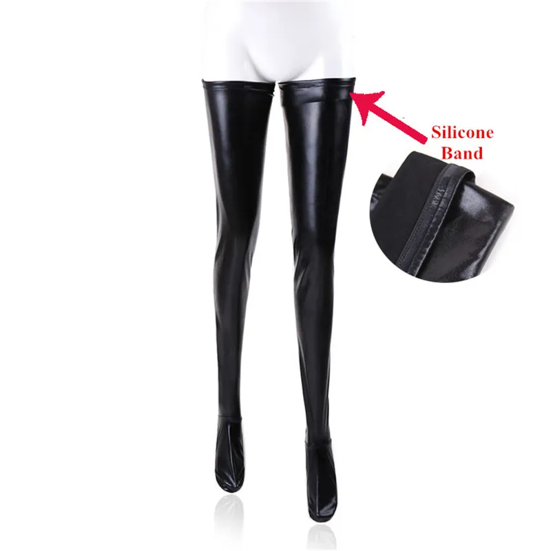 

Black Leather Stockings Tights Pole Dance Sexy Medias Silicone Band Knee High Stockings Sexy Lingerie Latex Clubwear Patent Sock