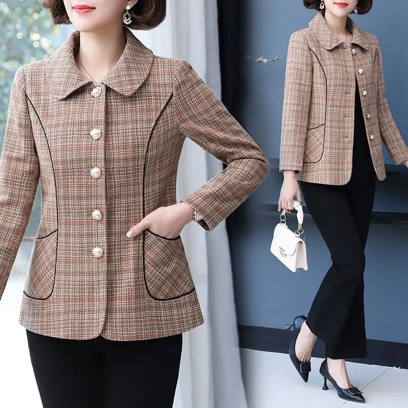

Spring Autumn Women's Vintage Small Fragrance Tweed Jacket Coat Female Casual Wild Short Mother Plaid Blazer Suit Outwear A127