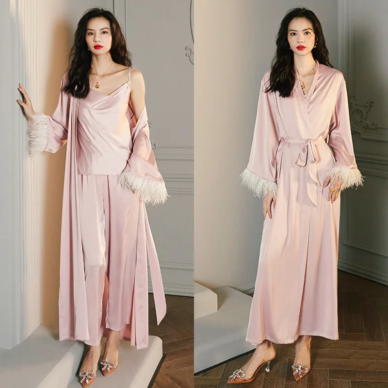 

Summer Women Set Home Satin Long Sleeve and Pants Solid Feather Clothing Female Suit Casual Lace Up Cardigan