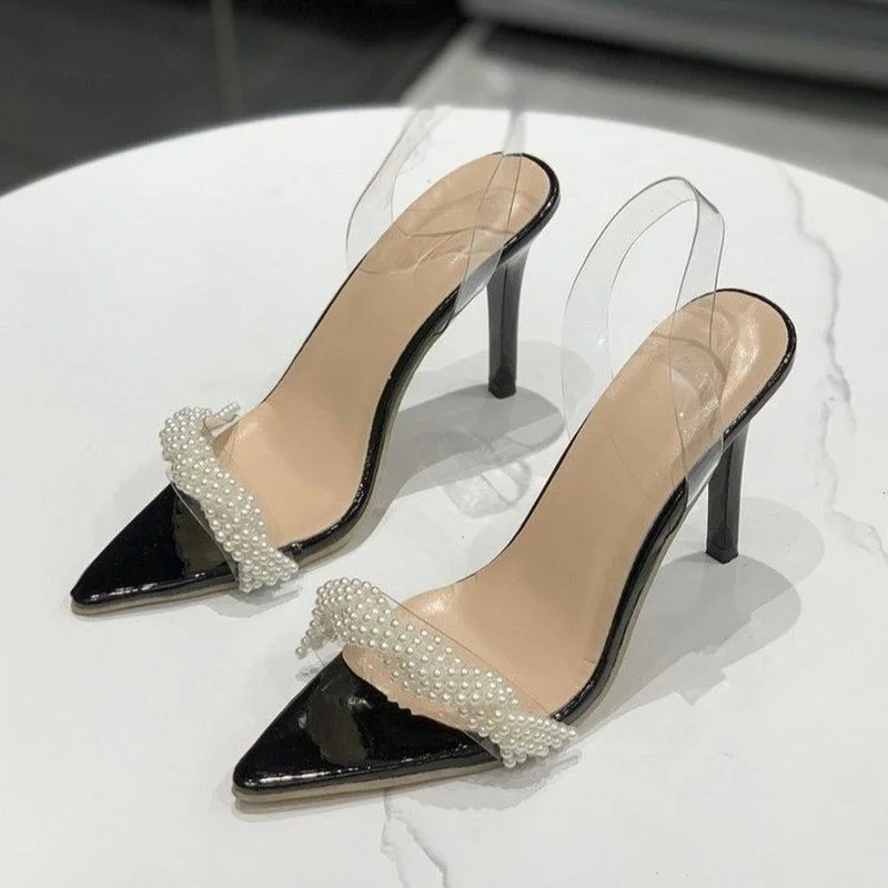 

High-heeled Shoes Women's Summer Zipper Sandals Transparent Design Sense Niche Temperament Pearl Sandals Plus Size 35-43