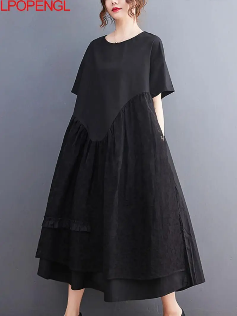 

Solid Color Simple Short-sleeved Black A-line Long Skirt Summer Jacquard Mesh Dress Women Fashion Patchwork Casual O-neck Dress