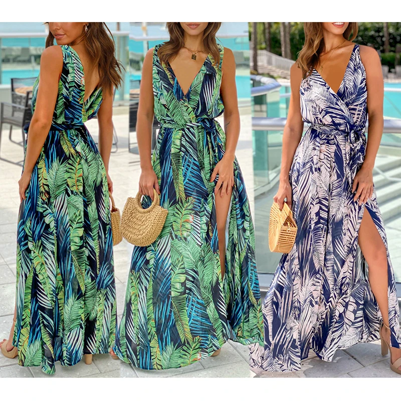 

Женское длинное платье с поясом на талии, платье без рукавов с принтом листьев и глубоким V-образным вырезом, свободное женское платье до щик...