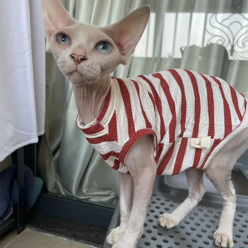 

Sphynix Cat Stripped Cotton Vest Hairless Cat Puppy Clothes soft Lightweight T-shirt Devon Rex Comfort Leisure Coat in Summmer