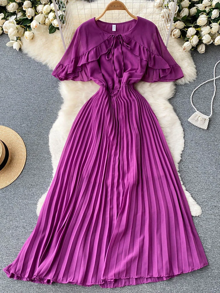 

Temperament Elegant Pleated Dress Women Summer Short Sleeve French Party Long Dresses Ladies Ruffles Solid Casual Dress