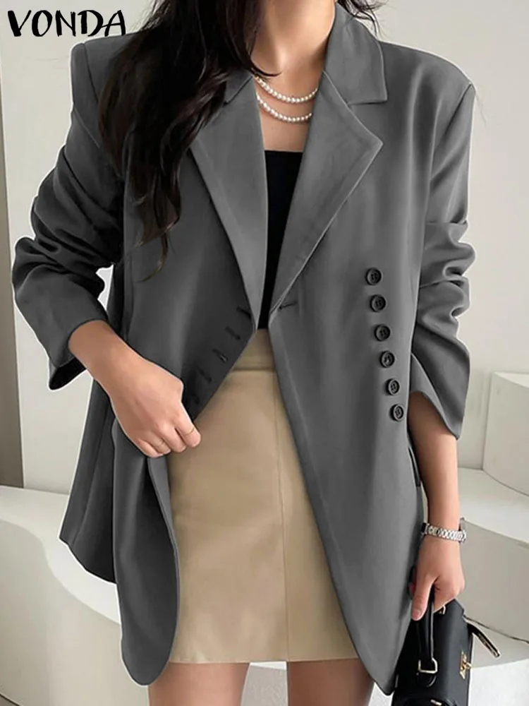 Women Elegant Blazer 2023 VONDA Sexy Lapel Neck Outerwear Casual Long Sleeve Coats Padded Shoulder Button Blazer Feminina