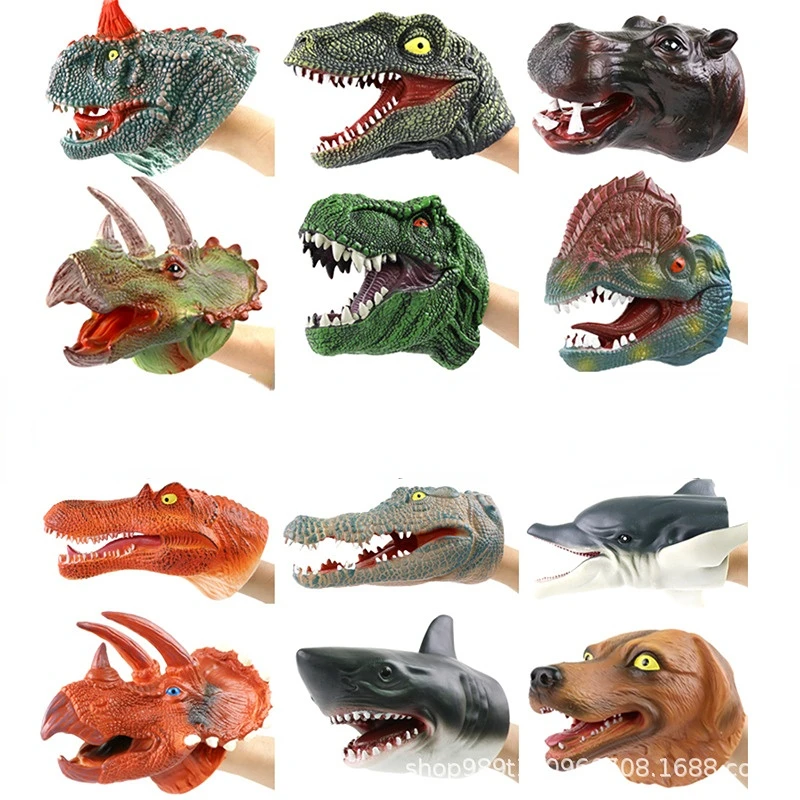 

Перчатки-марионетки с динозаврами, мягкая резина, тираннозавр рекс, трицератопс, Детская модель животного, игрушки для мальчиков на земле