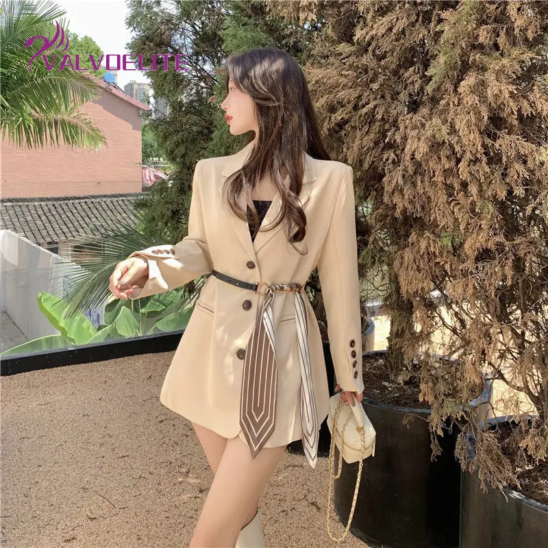 

Woman High-end Suit Jacket Spring Autumn New Korean Version Design Mid-length Solid Color Double-breasted Single Western Top