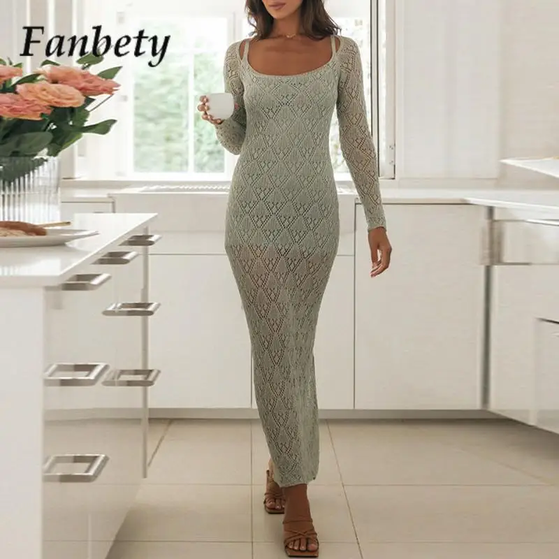 

Women Elegant O-Neck Knitted Party Dress Fashion Solid Long Sleeve Slim Bodycon Dress Summer Sexy See Through Boho Maxi Dresses