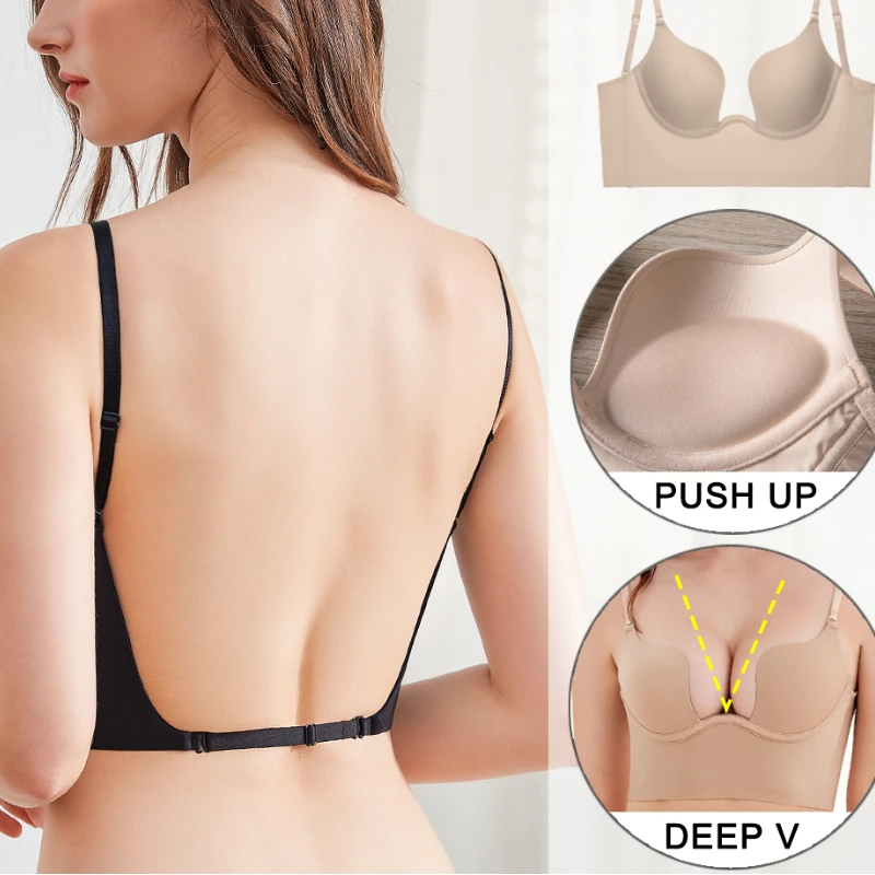 

Push Up Bra Backless Women Bras Low Cut Sexy Plunge Brassiere Open Back Wedding Underwear Invisible Seamless Deep U Lingerie