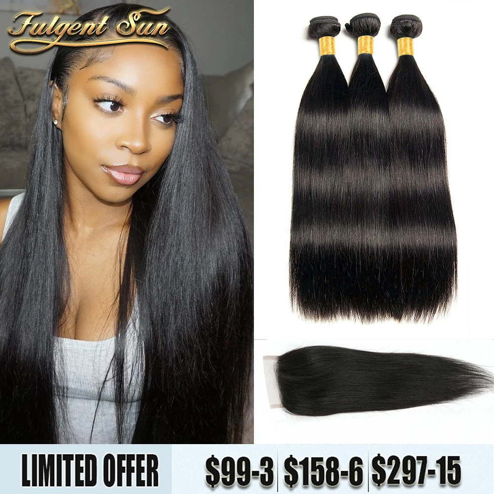 Straight Bundles With Closure 3 Bundles Human Hair With Closure Malaysian Remy Hair For Women 4x4 HD Lace Closure Match All Skin