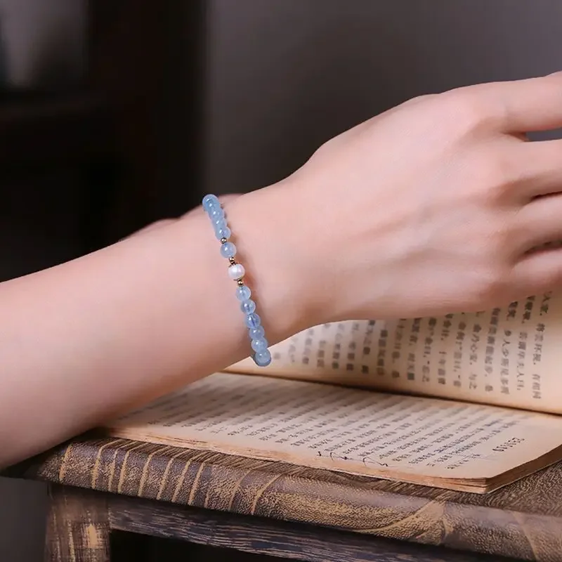 Новый стиль натуральный ледяной Аквамариновый браслет с пресноводным жемчугом