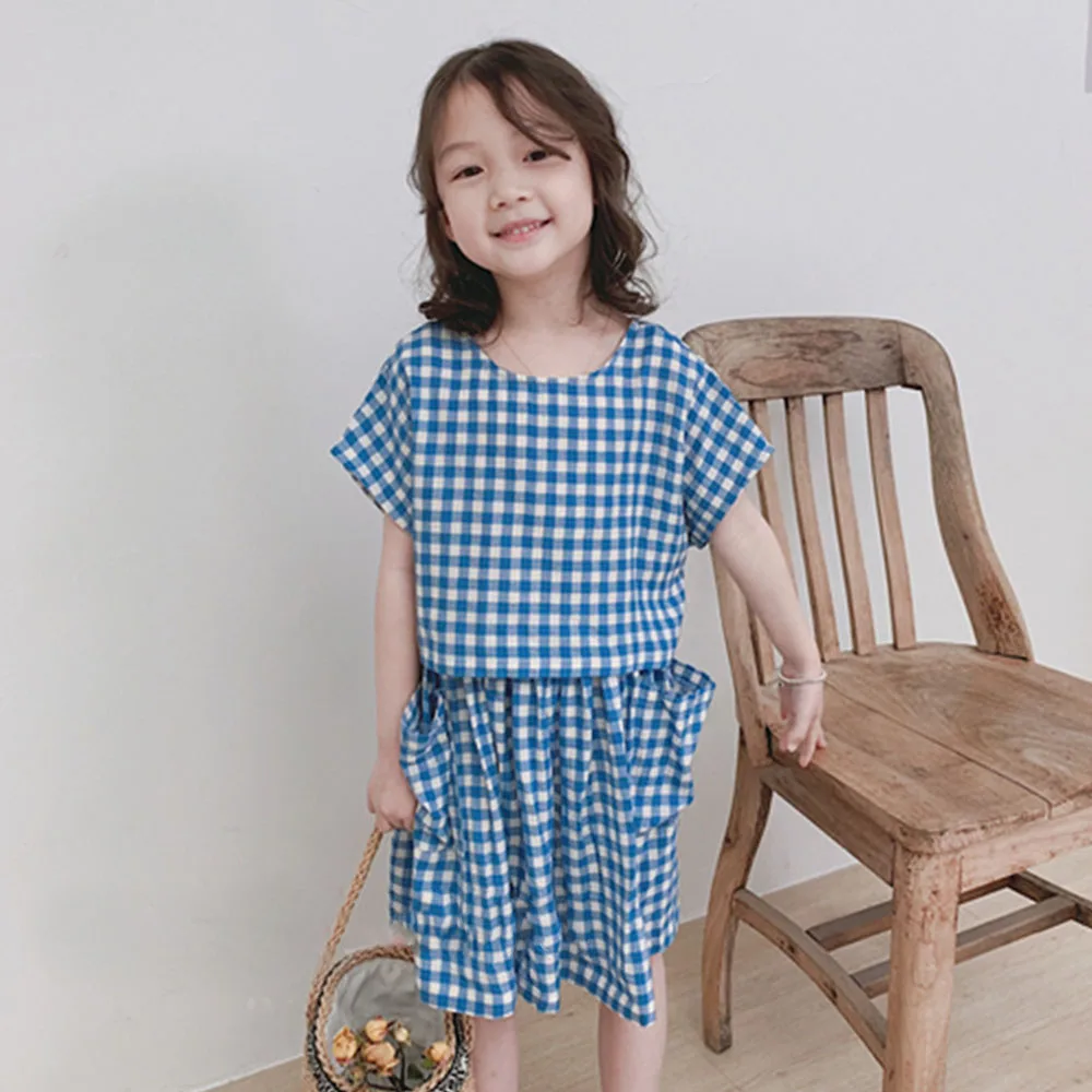 

Casual Loose Kids Sets Two Piece Outfits Children Girls Clothes Set Top and Skirt Short Sleeve Plaid Summer Girl Clothing Suit