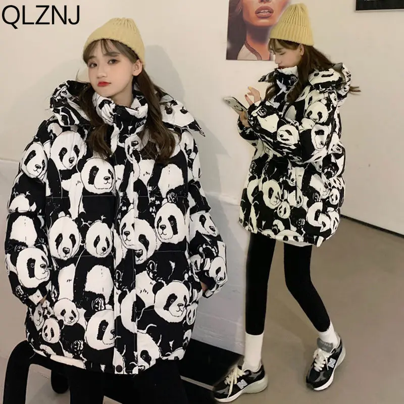 Winter Cotton Padded Clothes Women Hooded Short Parkas Ladies Cartoon Panda Print Bubble Coat Harajuku Long Sleeve Puffer Jacket