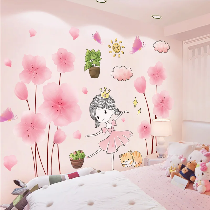 

[shijuekongjian] Cartoon Girl Wall Stickers DIY Flower Plants Wall Decals for Kids Rooms Baby Bedroom Nursery Home Decoration