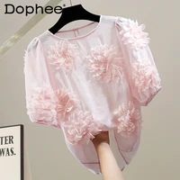 2022 blouses femme heavy duty three dimensional flower stitching lightweight see through short sleeved top elegant women blusas