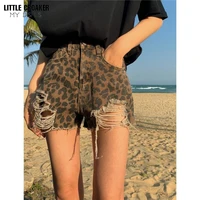 hot sale summer woman denim leopard print high waist ripped jeans shorts fashion sexy female shorts s xl drop shipping