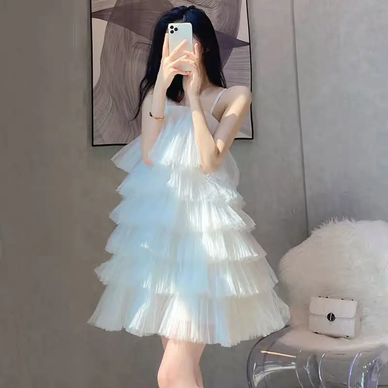 

Summer Korean Style Sweet White Mini Dresses Big Swing Elegant Spaghetti Strap Dress Women Vestido De Mujer Femme Fashion X313