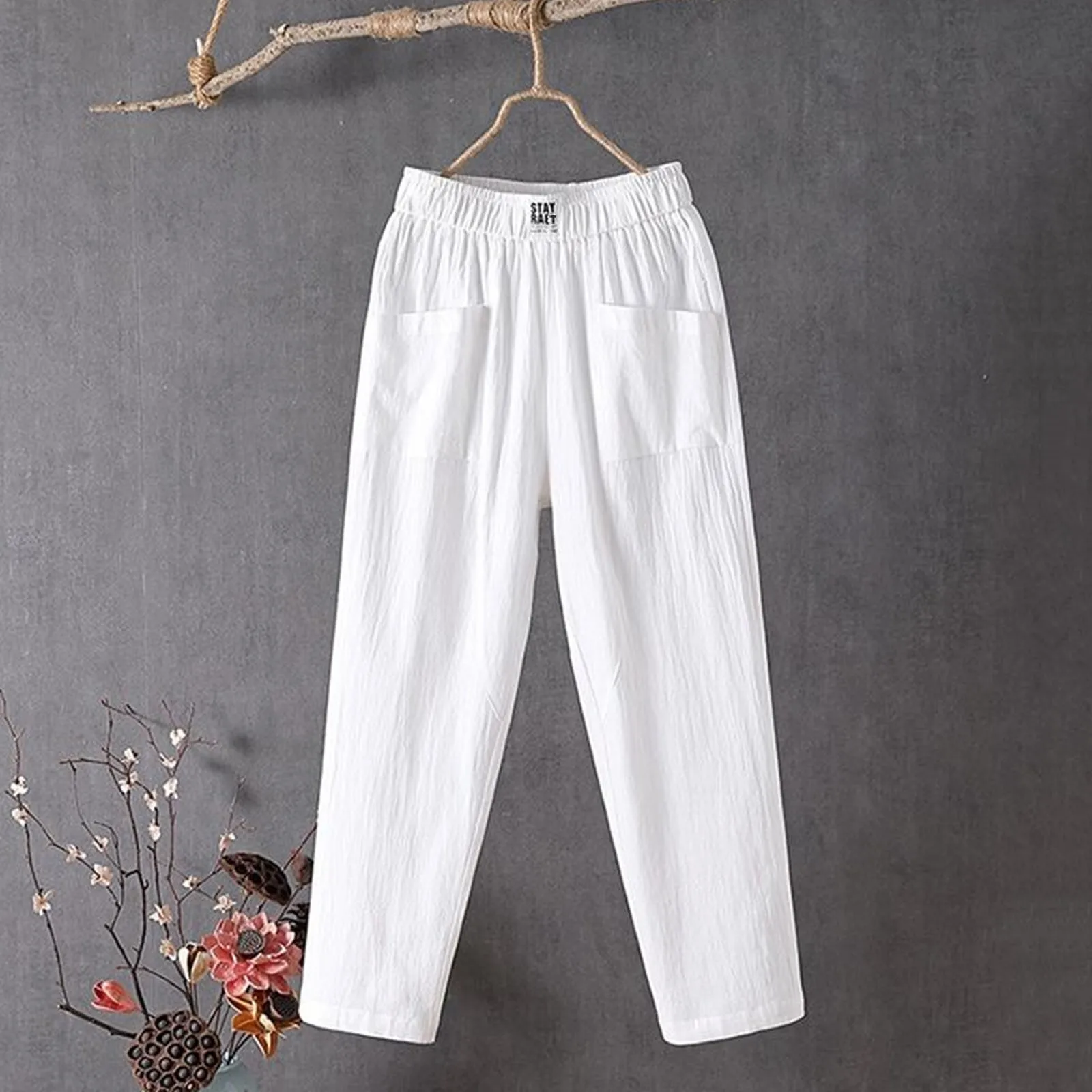 

Fashion Cotton Linen Solid Pants Women Summer Loose High Waist Elastic Ankle-length Pants Oversize 3XL Lady Casual Comfy Pants