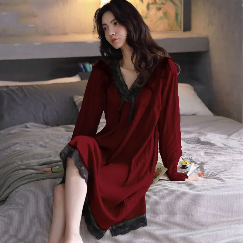 

Женская ночная рубашка, кружевная длинная ночная рубашка, винтажная женская ночная рубашка с длинным рукавом, весна-осень, ночная рубашка, модная одежда для сна, домашняя одежда X158