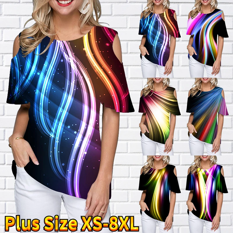 

2022 New Female New Design Novelty Print T-shirt Summer Women Sexy Loose Top Round Neck T-shirt Off-the-shoulder Short Sleeves