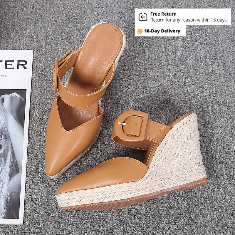 RYAMAG Wedge Slippers Heel Thick Bottom New Summer Buckle Women's Shoes High Straw Woven Hemp Rope Sole Large Size |