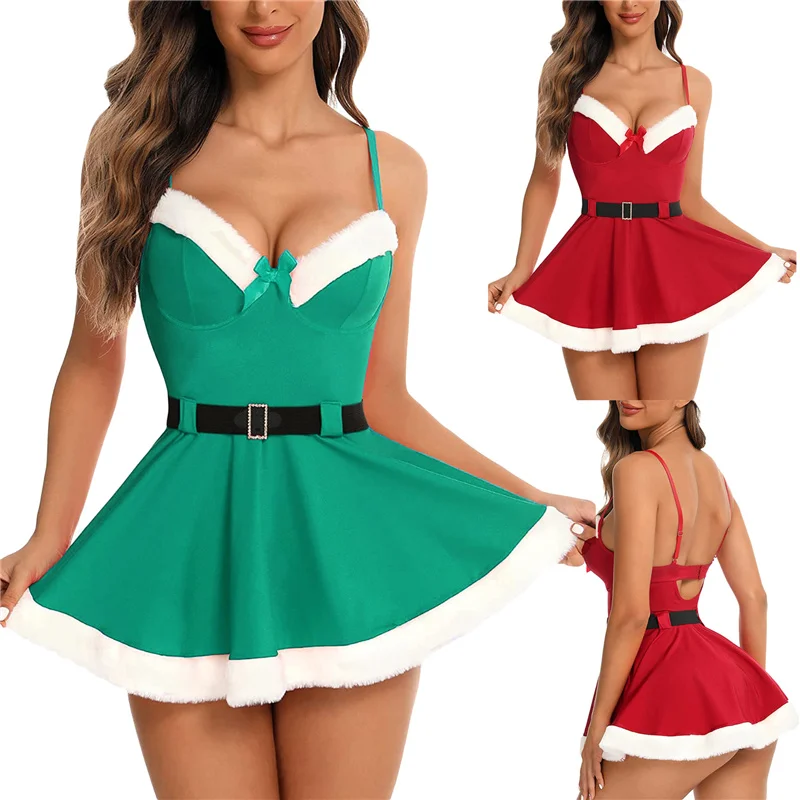 

Ladies Christmas Nightdress, Women Color Matching V-neck Plush Splicing Sleeveless Backless Short Slip Strap Dress with Belt