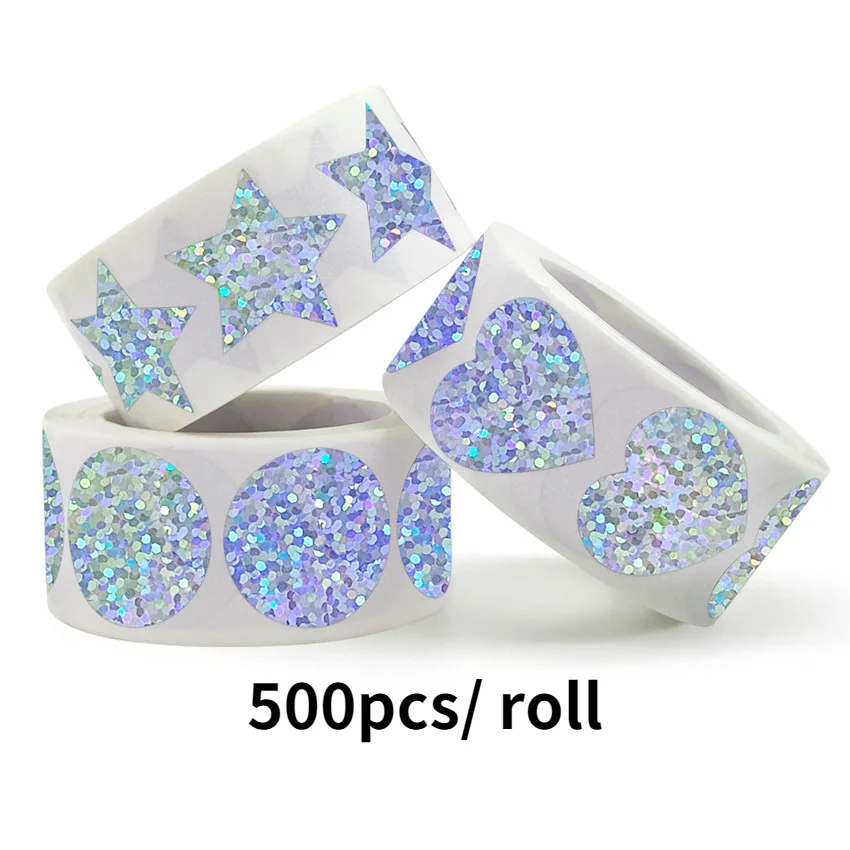 

500Pcs/ roll/1 inch Laser Blank Love Heart Stars Round Stickers Glitter Handmade Decorative Labels for Valentine's Day, Wedding