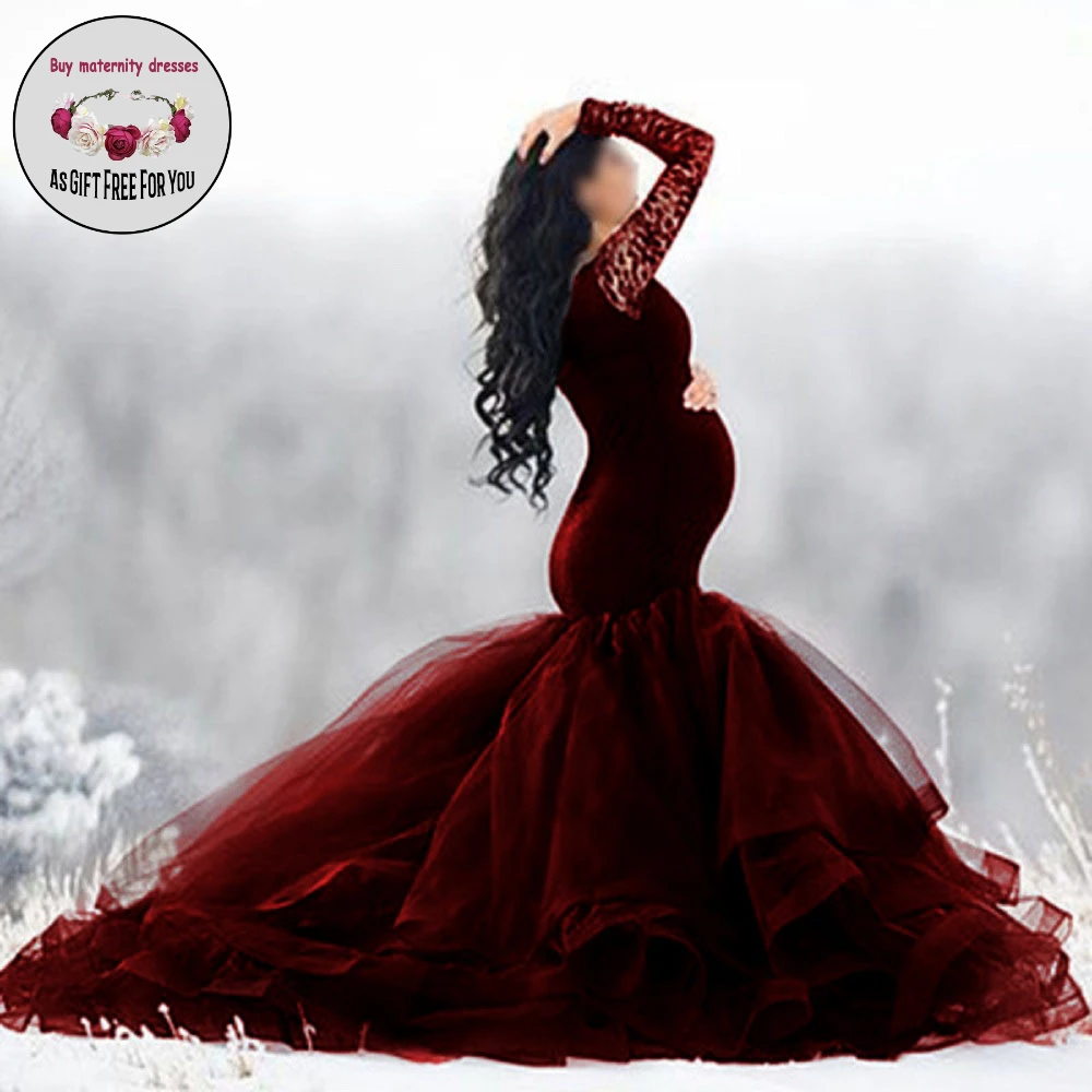 

Women Lace Pregnancy Dress For Photo Shoot Clothes Maxi Gown Sexy Spaghetti Shoulderless Mesh Maternity Mermaid Dresses
