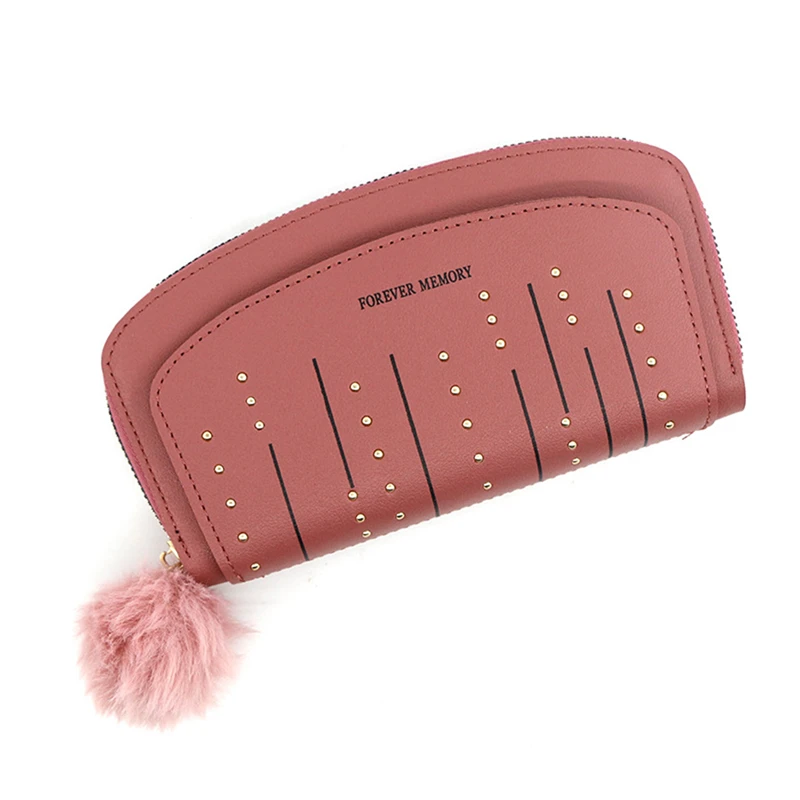 

Women PU Leather Fur Ball Ornaments Wallets Lady Retro Rivet Hasp Long Purse Outdoor Portable Bank Card Phone Hand Bag