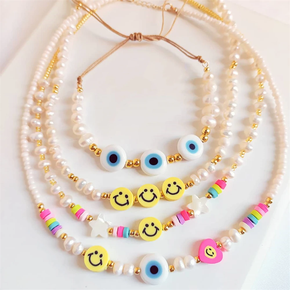 

Ожерелье и браслет Go2Boho с пресноводным жемчугом, браслеты от сглаза, ожерелья-Чокеры со смайликом для женщин, летняя бижутерия