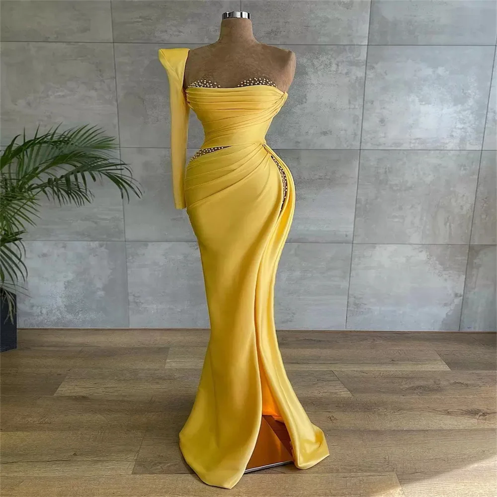

One Shoulder Yellow Evening Dresses Party Wear Satin Pearls High Side Split Mermaid Prom Dress Custom Made Women Formal Gowns