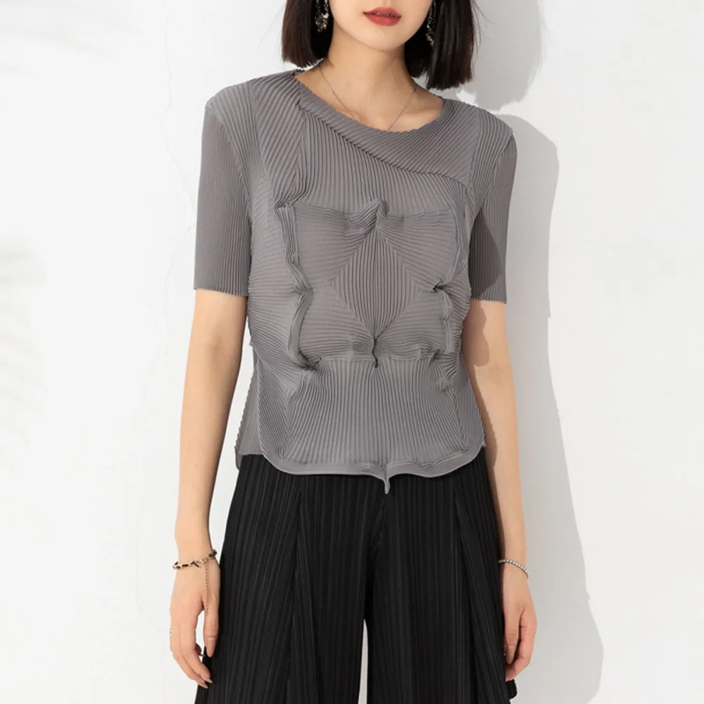 

Женская плиссированная блузка Miyake с коротким рукавом, новинка сезона осень 2023, пуловер с круглым вырезом, свободная тонкая футболка ручной работы